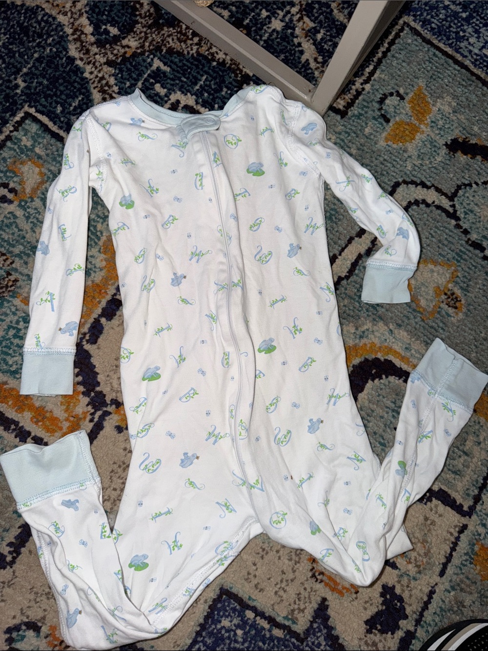 Unbranded Baby Footed Sleeper in White with Blue & Green Prints